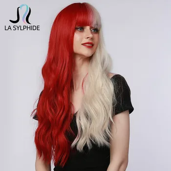 La Sylphide Sintetinis Perukas Ilgai Natūralūs Banguoti Pusė Šviesūs Pusė Raudona, Plaukai, Perukai su Kirpčiukais Moterų Cosplay Šalies Lolita Perukas
