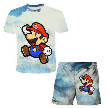 Mario marškinėliai ir šortai, vaikiški drabužiai komplektas, tinka ir berniukams, ir mergaitėms, pasiūta iš poliesterio audinio, mados, animacijos, summ