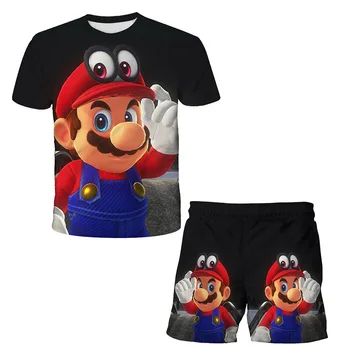 Mario marškinėliai ir šortai, vaikiški drabužiai komplektas, tinka ir berniukams, ir mergaitėms, pasiūta iš poliesterio audinio, mados, animacijos, summ