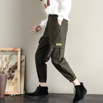 Kišenės neoninė žalia krovinių kelnės moterims aukšto juosmens streetwear kelnės aukštu juosmeniu negabaritinių 2021 pavasario mados sweatpants