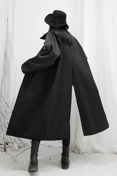 Yamamoto 2021 Japonijos Nišą Dizainas Tamsus Juodas Moterų Atgal Plyšio Palaidi Ilgi Juodi Tranšėjos Paltai Moterims Feminino Mujer Drabužiai