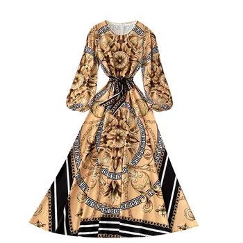 Aukštos Juosmens Rudens Suknelės Moterims, 2021 M. Derliaus Etninė Prabanga Spausdinimo Boho Šalies Ilgomis Rankovėmis-Line Suknelė 