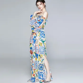 2020 m. rudens mados seksuali moteris kilimo ir tūpimo Tako Gėlių Ilga Suknelė Žibintų Rankovės Off Peties Mėlynos ir baltos spalvos porceliano spausdinimo Padalinti