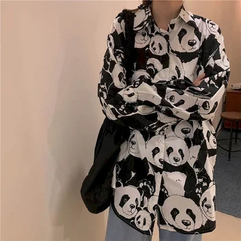 2021 M. Pavasarį, Rudenį Panda Print Derliaus Ilgomis Rankovėmis Palaidinės, Korėjos Ir Honkongo Retro Stiliaus Moteris Mygtuką Iki Marškinėliai Harajuku Mados