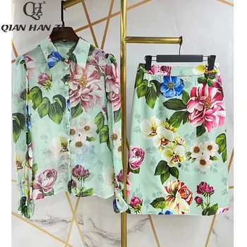 Qian Han Zi vasarą dizaineris ilgomis rankovėmis marškinėliai mados dviejų dalių rinkinys, moterų topai ir palaidinės+gėlių spausdinti bodycon sijonas Kostiumas rinkiniai