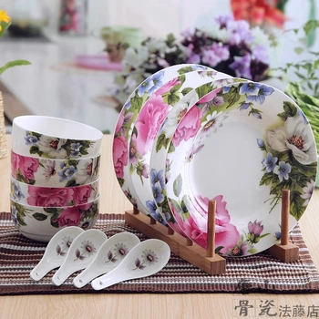 12-dalių rinkinys, gėlių žiedų suprojektuoti, kaulų kinijos patiekalas nustatyti, rafinuotas baltos keramikos indai, porceliano indai rinkinys
