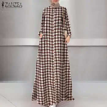 ZANZEA Mados Moterų Musulmonų Dubajus Pledas Patikrinti Maxi Suknelė, Hijab Suknelės Skraiste Rudenį ilgomis Rankovėmis Kaftan Ilgai Sundress