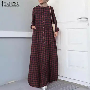 ZANZEA Mados Moterų Musulmonų Dubajus Pledas Patikrinti Maxi Suknelė, Hijab Suknelės Skraiste Rudenį ilgomis Rankovėmis Kaftan Ilgai Sundress