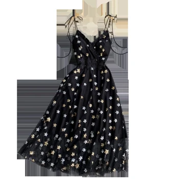 Vasaros Vintage Suknelė Moterims Plonas Aukštos Juosmens V-kaklo Star Blizgančiais Seksualus Suknelės Naujas 