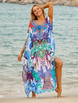 Naujas Čekijos Spausdinti Maxi Paplūdimio Suknelė 2020 Bikini Danga-Ups Moterų Plius Dydis Vasaros Atostogų Paplūdimio Drabužiai Šoninės Šakutės Pareo Plage Sarongas