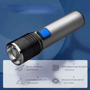 LED žibintuvėlis USB įkrovimo patogu, super šviesus tolimojo priartinimo daugiafunkcinis vandeniui lauko buitinių apšvietimas