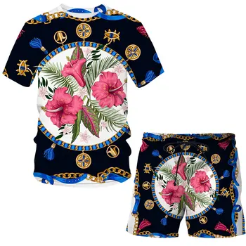 Gėlių 3D Atspausdintas 2 Vienetų Rinkinių Prabangių Drabužių Laisvalaikio Kostiumas atsitiktinis trumparankoviai + šortai apvalios kaklo marškinėlius Vyrų apranga Topai