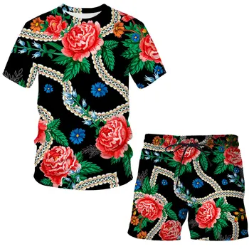 Gėlių 3D Atspausdintas 2 Vienetų Rinkinių Prabangių Drabužių Laisvalaikio Kostiumas atsitiktinis trumparankoviai + šortai apvalios kaklo marškinėlius Vyrų apranga Topai