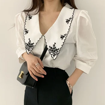 Korėjos Prašmatnus Sluoksniuotos Rankovėmis Palaidinė 2021 Elegantiška Baltųjų Gėlių Siuvinėjimas, Marškinėliai Moterims Derliaus Blusas Mujer De Moda Drabužius Viršūnes 14223), Naudoti