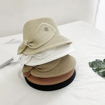 Nauja Vasaros Moterims, Elegantiškas Lankas Beach Sun Skrybėlę Šiaudų Skrybėlę Panama Fedora Bžūp Platus Briauna UV Apsauga Floppy Sulankstomas Bžūp Moterų
