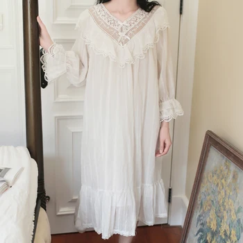 2020 Naujas Modelis Moterų Gražus Nightdress Long Sleeve Lace Balta Namuose Miega Suknelė Medvilnės Derliaus Saldus Pižamą Moteris