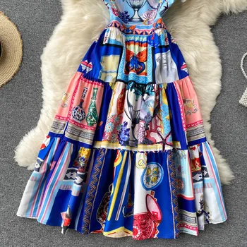 Banulin 2021 kilimo ir tūpimo Tako Vasaros T-Shirt Dress Moterų Vintage Modelis Spausdinti Trumpas Rankovės Ponios Stilingas-Line Midi Suknelė N61793
