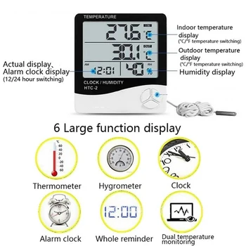 LCD Skaitmeninis Temperatūros, oro Drėgmės Matuoklis Patalpų Lauko Termometras su Drėgmėmačiu Stotį Su Laikrodžiu Namų HTC-1 /-2