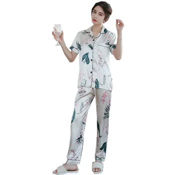 Šilko pjs Moterų Atlasas Pyjama Pajama Nustatyti ilgomis Rankovėmis Atsitiktinis Sleepwear naktiniai drabužiai Patogiai Gyvūnų Loungewear Satino M-5XL