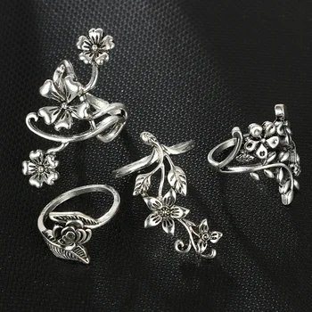 4pcs/set Antikvariniai Sidabro Spalvos Vintage Bohemijos Žiedas Nustatyti Rožių Gėlių Žiedai Moterims Žavesio Bohemijos Gėlių Karka Žiedas Papuošalai