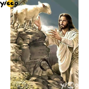 Kvadratiniu/apvalus Gręžimo Diamond Siuvinėjimo Jėzus, ir avis Diamond Tapybos Kryželiu kalnų krištolas Mozaikos Dekoro DX0571