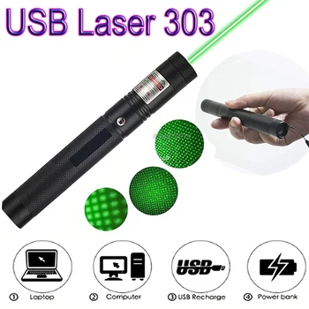 5MW 532nm Žalias Lazeris Akyse USB Įkrauti Lazerio 303 Žymiklį Šviesos Galingas, Reguliuojamas Dėmesio Lazer laser Pen Deginimas