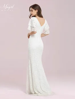 MNGRL Paprasta Retro Vestuvių Suknelė su V-kaklo, ilgomis Rankovėmis Balti Nėriniai 3D Gėlių Vestuvių Suknelė Undinė Vestuvių Suknelės