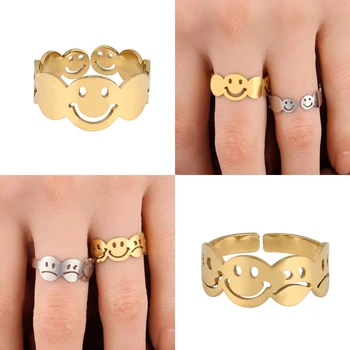 Punk Nerūdijančio Plieno Žiedas Grandinės Žiedą Žiedai Moterims, Papuošalai Veiduką, Žiedas Reguliuojamas Žiedo Smiley Veido Žiedas Geometrinis Žiedai