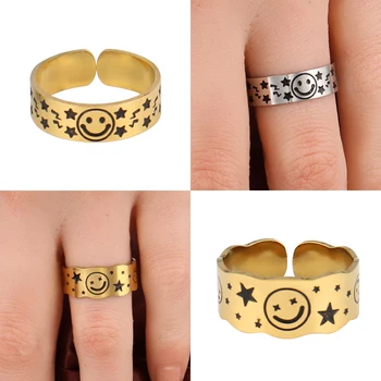 Punk Nerūdijančio Plieno Žiedas Grandinės Žiedą Žiedai Moterims, Papuošalai Veiduką, Žiedas Reguliuojamas Žiedo Smiley Veido Žiedas Geometrinis Žiedai