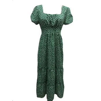 Atsitiktinis Žaliųjų taškų suknelė Moterims vasaros trumpomis Rankovėmis Aikštėje apykaklės Suknelės moterų Aukšto juosmens pynimas midi paplūdimys suknelė vestidos