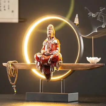 Guanyin Bodhisatvos Statula Moliuskui Smilkalų Degiklis Laikiklį Su 20 Vnt Spurgų Kinų Stiliaus Keramikos Zen, LED Apšvietimas, Apdaila