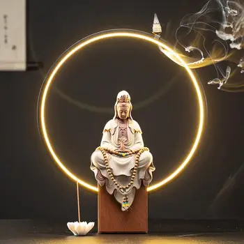 Guanyin Bodhisatvos Statula Moliuskui Smilkalų Degiklis Laikiklį Su 20 Vnt Spurgų Kinų Stiliaus Keramikos Zen, LED Apšvietimas, Apdaila