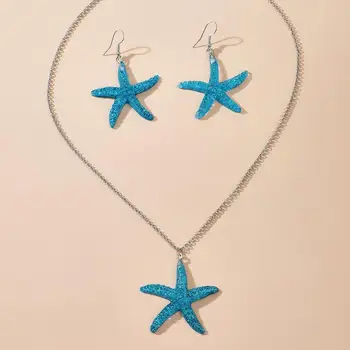 Mielas Moterų Papuošalų Mados Mėlynas Akrilo Starfish Pendant Vėrinys Su Auskarai Moterų Atostogų Šalis Priedai Meilužio Dovana