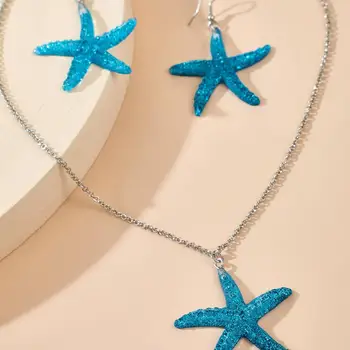 Mielas Moterų Papuošalų Mados Mėlynas Akrilo Starfish Pendant Vėrinys Su Auskarai Moterų Atostogų Šalis Priedai Meilužio Dovana