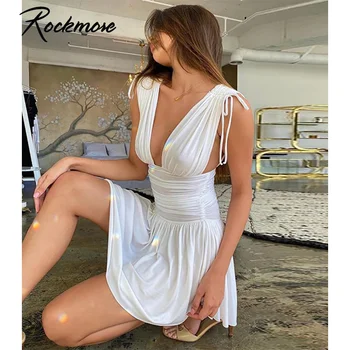 Rockmore Ruched Klostuotas Mini Suknelė Seksualus Giliai V-Kaklo Beach Party Dress y2k Derliaus Trumpas Sundress Vasaros Atsitiktinis Bodycon Moteris