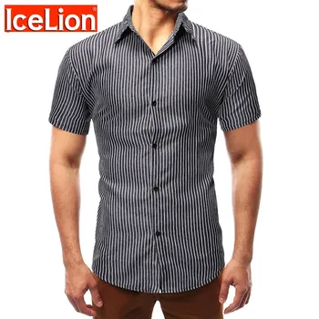 Icelion 2021 Naujas Vasaros Atsitiktinis Mados Marškinėliai Vyrams trumpomis Rankovėmis Dryžuotas vyriški Marškiniai Turn-žemyn Apykaklės Vieną Krūtinėmis Vyras Marškinėliai