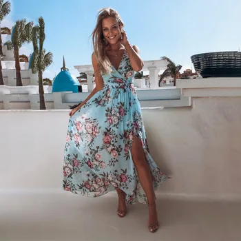 2021 Vasaros Paplūdimio Maxi Suknelė Moterims Gėlių Spausdinti Boho Ilgą Šifono Suknelę, Raukiniai Wrap Atsitiktinis V-Kaklo Padalinta Seksualus Šalis Suknelė Skraiste
