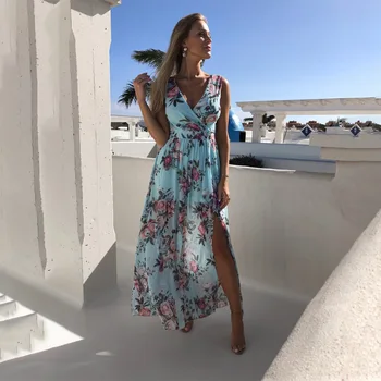 2021 Vasaros Paplūdimio Maxi Suknelė Moterims Gėlių Spausdinti Boho Ilgą Šifono Suknelę, Raukiniai Wrap Atsitiktinis V-Kaklo Padalinta Seksualus Šalis Suknelė Skraiste
