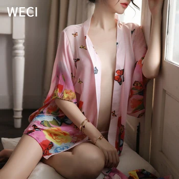 WECI Pyjama Seksuali Moteris Pižama Kimono Moterų Pižamą Šifono Skaidrus apatinis Trikotažas Suknelė Japonijos Sleepwear Gėlių Chalatas Naujas
