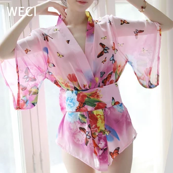 WECI Pyjama Seksuali Moteris Pižama Kimono Moterų Pižamą Šifono Skaidrus apatinis Trikotažas Suknelė Japonijos Sleepwear Gėlių Chalatas Naujas