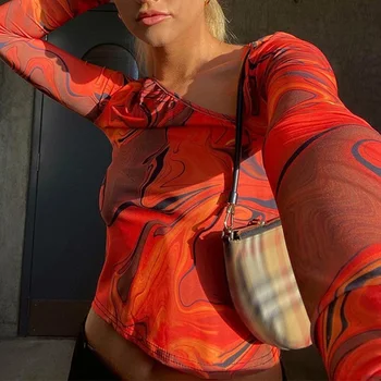 MoneRffi 2021 Kaklaraištis Dažų Spausdinti ilgomis Rankovėmis Pasėlių Viršuje Moterų Y2K Atsitiktinis Vasarą, Pavasarį Estetinės Harajuku Iškirpti Orange Sexy Marškinėliai