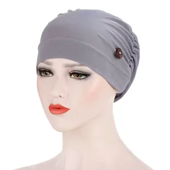 2021 Mados Musulmonų turbaną skrybėlė wome vientisos spalvos mygtuką lino Vidinis Hijab kepurės apvyniokite galvą skara hijabs variklio dangčio nešioti