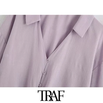 TRAF Moterų Mados Su Laivapriekio Susieta Apkarpytos Palaidinės Derliaus ilgomis Rankovėmis Mygtuką-iki Moterų Marškiniai Blusas Prašmatnus Viršūnės
