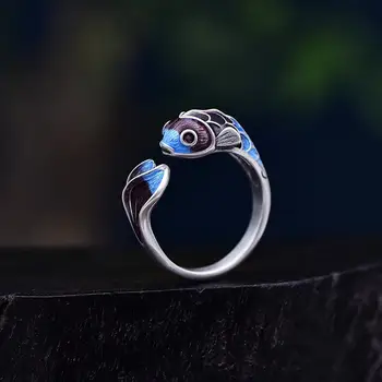 [Koi]} Žiedas Moterų Sterlingas Sidabro Senovinių Sidabro Papuošalai Etninės Stiliaus Emalio Rankų Darbo Ornamentas Atidarymo Mažas Sidabrinis Žiedas