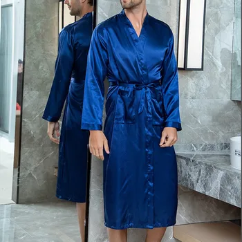 Vyrai Chalatas Kimono Šilko Satino Pajama Sleepwear Naktį Suknelė Chalatai Ilgomis Rankovėmis Kietas Komfortą Kilnus Padažu Suknelė Vyrų Miego Rūbeliai