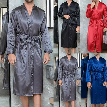 Vyrai Chalatas Kimono Šilko Satino Pajama Sleepwear Naktį Suknelė Chalatai Ilgomis Rankovėmis Kietas Komfortą Kilnus Padažu Suknelė Vyrų Miego Rūbeliai
