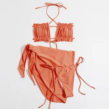 Seksualus Bikini 2021 Plisuotos Bandeau Oranžinės spalvos maudymosi kostiumėlis Moterims, Mini Diržas 3 Gabalas Bikini Komplektas Bather Plaukimo Paplūdimio Maudymosi Kostiumas