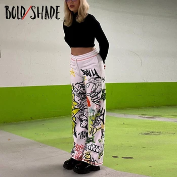 Bold Atspalvį Grafiti Spausdinti Čiuožėjas Sweatpants Elastinga Juosmens Pločio Kojų Grunge Mados Laisvas Kelnes Streetwear Indie Moterų Kelnės