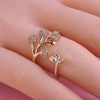 Bohemija Rožių Spalvos Drugelis Medžių Lapų Vestuvinis Žiedas Vyrams White Crystal Atidarykite Reguliuojamas Piršto Sutuoktuvių Žiedai Moterų Papuošalai