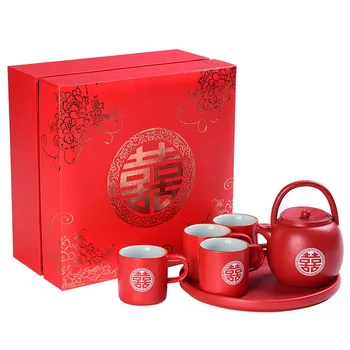 Kinijos Vestuvių Keramikos Arbatinukas Taurės Dėklas Nustatyti Kinija Raudona Dviguba Laimė Teacup Naujai vedęs Dovanų Dėžutėje Arbatinukas Kūrybos Teaware